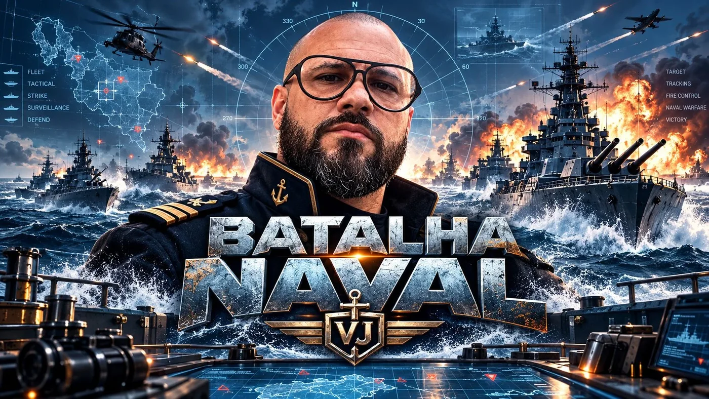 Vejota como comandante entre navios e um mapa de batalha naval